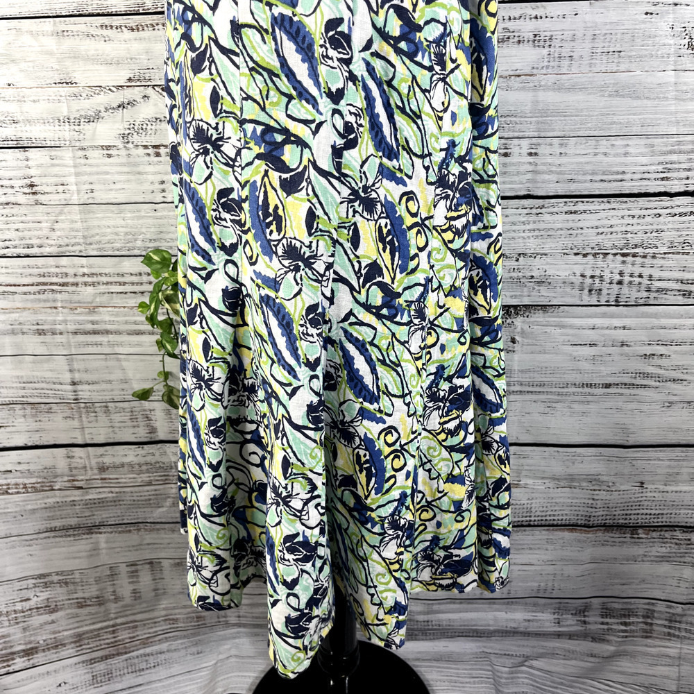 JM Collection Skirt 16 Petite Blue Green Yellow Floral Linen Calf Midi Hawaii - Picture 11 of 13